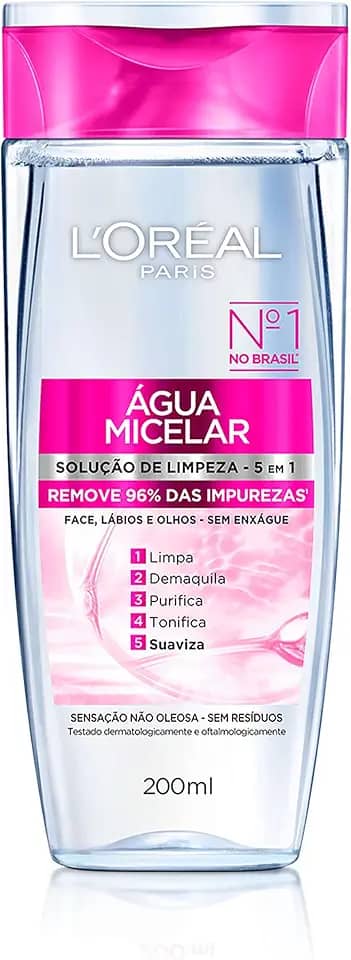 L'Oréal Paris, Água Micelar Solução de Limpeza 5 em 1 Limpa, Demaquila, Purifica, Suaviza e Reequilibra, Cuidado Diário Multifuncional para Todos os Tipos de Peles 200ml
