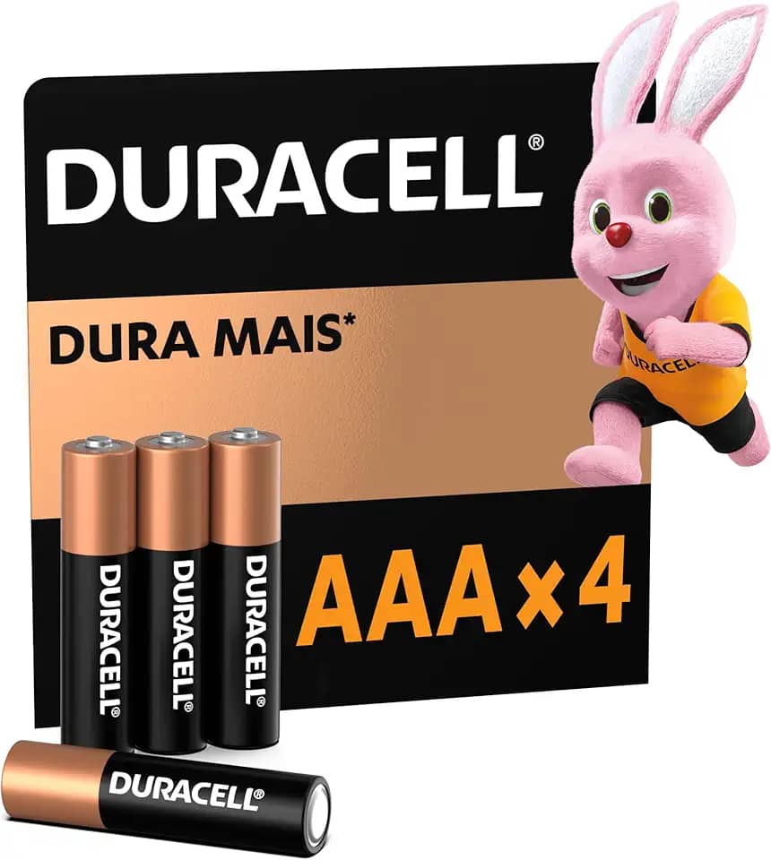 Duracell Pilhas Alcalinas AAA Palito Pack 4 Unidades – Dura Mais – Ideal para Controles Remotos Brinquedos e Lanternas