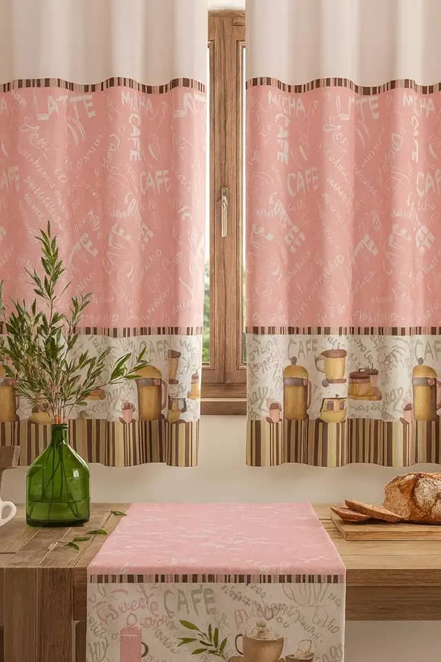 Cortina Cozinha Oxford 2,00x1,40 Estampada Cappuccino Janela Vitrô Ilhós Blackout Blecaute Decorativa Poliéster Varão (Cappuccino Rosa)