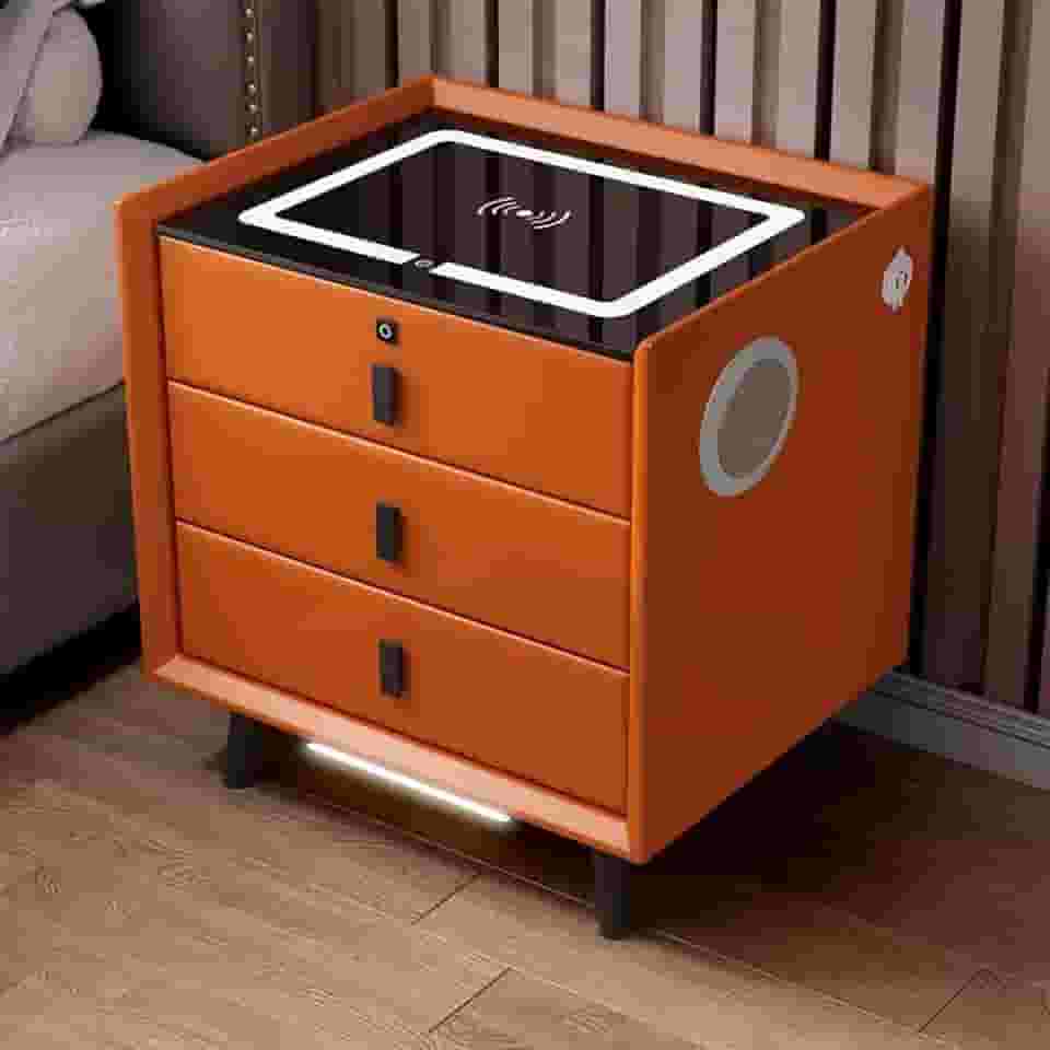 XNSHUNHOYN Mesa de cabeceira com estação de carregamento, mesa de cabeceira inteligente com trava de impressão digital, mesa lateral de quarto com alto-falantes e luzes LED com sensor inteligente,