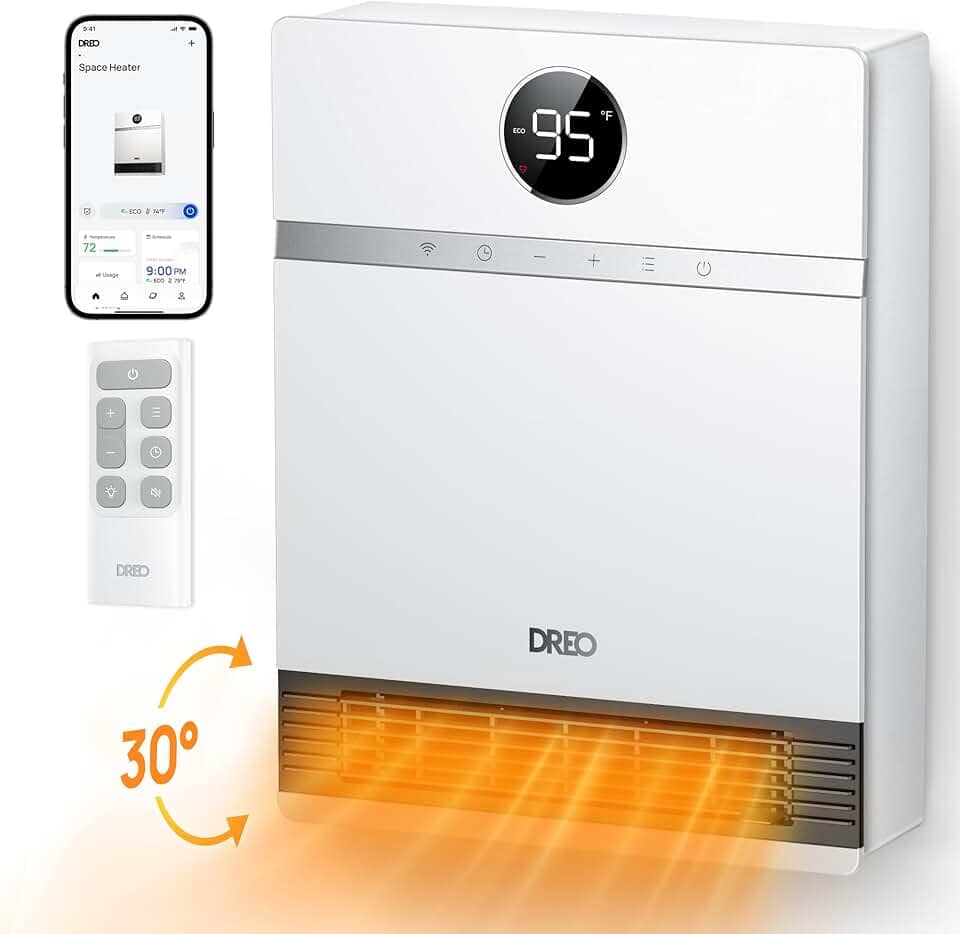 Dreo Aquecedor elétrico inteligente de parede, aquecedores de cerâmica silenciosos de 28 dB para casa, baixa energia, oscilação de 30°, termostato ajustável, temporizador 24H, aquecedor de parede IP24