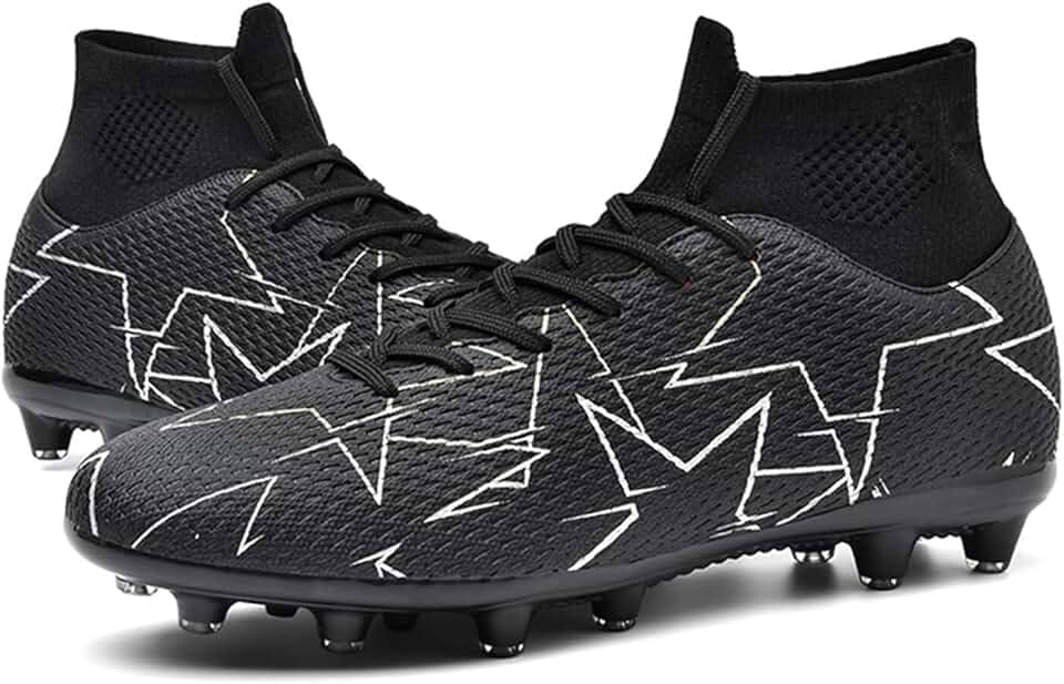 Chuteiras de futebol unissex masculinas, branco/preto/azul FG/AG, cano alto, botas de futebol para jovens e treinamentos profissionais, Preto, 4