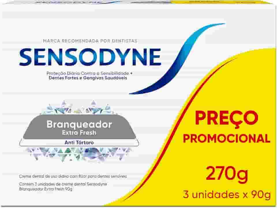 Sensodyne Creme Dental Branqueador Extra Fresh com Flúor, Leve 3 e Pague 2, Anti Tártaro, Contra Sensibilidade, 90g cada