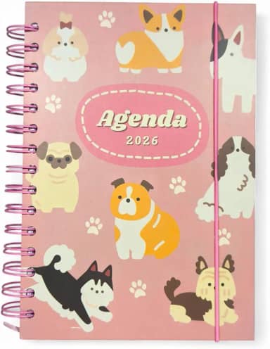 Agenda Diária 2026, 16 x 12 cm, Capa Dura, 168 Folhas, Espiral com Elástico, Planejamento Completo (Dog Pequenos)