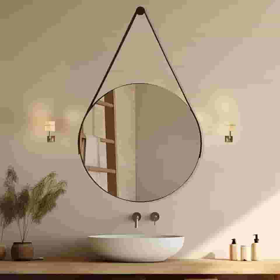 Espelho Redondo 60cm Adnet com Alça de Couro Decoração Moderna para Banheiro Sala ou Quarto (Caramelo)