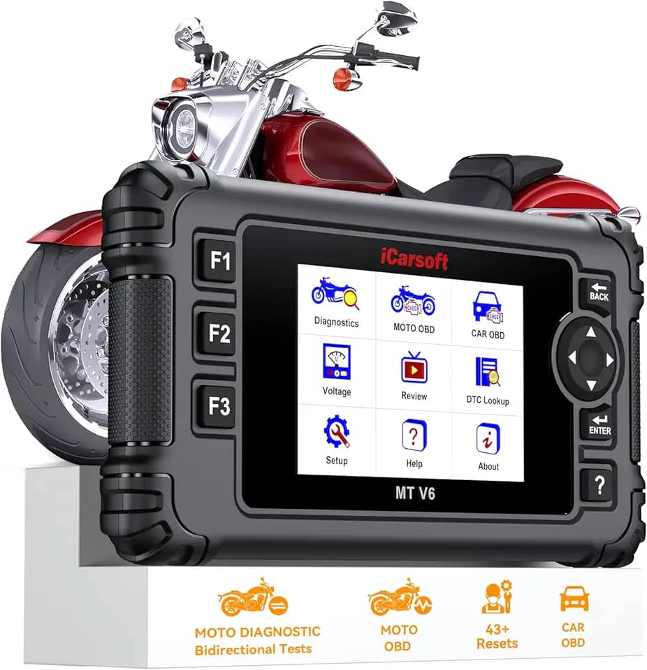 iCarsoft Ferramenta de diagnóstico de motocicleta MT V6 para Harley, todos os sistemas de scanner OBD2 de motocicleta com 57 testes de atuação, 43 funções especiais, reinicializações de marcha lenta