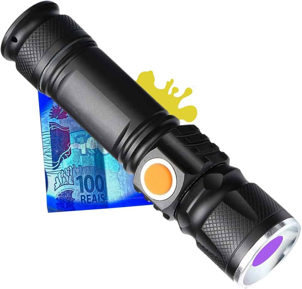 Lanterna de Luz Negra UV - LED Ultravioleta – Detecta Mofo, Urina de Pet Gatos Cachorros, Marca de Segurança em Cédulas, Tintas Invisíveis. Recarregável e Resistênte à Água