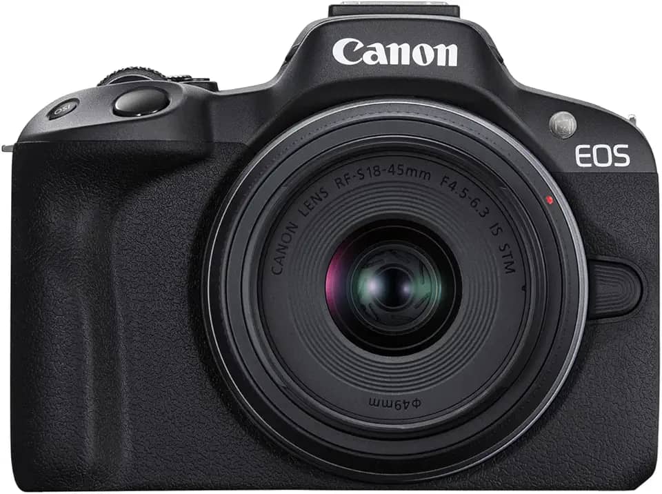Canon A câmera sem espelho EOS R50 RF-S18-45 mm F4.5-6.3 é um kit de lentes STM, sensor CMOS de 24,2 megapixels (APS-C), vídeo 4K, câmera híbrida, foto e vídeo, vlogging, criador de conteúdo, montagem