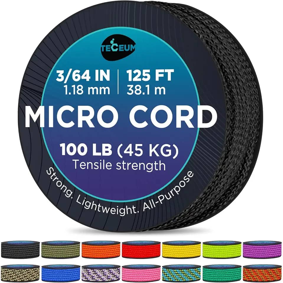 TECEUM Micro Paracord – Preto – 1,18 Mm X 125 Pés – Micro Cordão Utilitário – Corda Fina Trançada Paracord Poliéster de Nylon – Substituição do Carrilhão de Vento – Corda Forte de Sobrevivência 016C