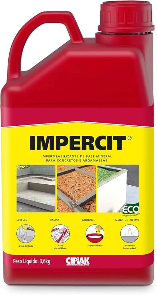Aditivo líquido impermeabilizante para concreto e argamassa, que permite a redução da permeabilidade para evitar a umidade e infiltração d’água na argamassa. CIPLAK IMPERCIT, Galão 3,6L