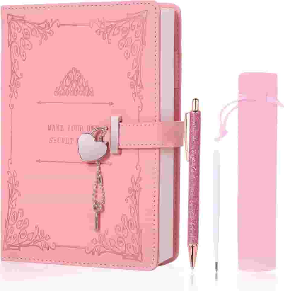 Diário de bloqueio em formato de coração com caneta, tamanho A5, couro PU, macio, fecho, diário, agenda pessoal, escritor, caderno, caderno secreto, presente para adultos, crianças, escritores, meninas e mulheres (rosa).