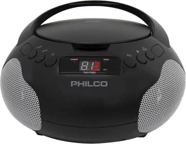 Philco Boombox portátil para leitor de CD com alto-falantes e rádio AM FM | Caixa preta Boom compatível com CD-R/CD-RW e CD de áudio | Entrada auxiliar de 3,5 mm | Som estéreo | Tela LED | Alimentado