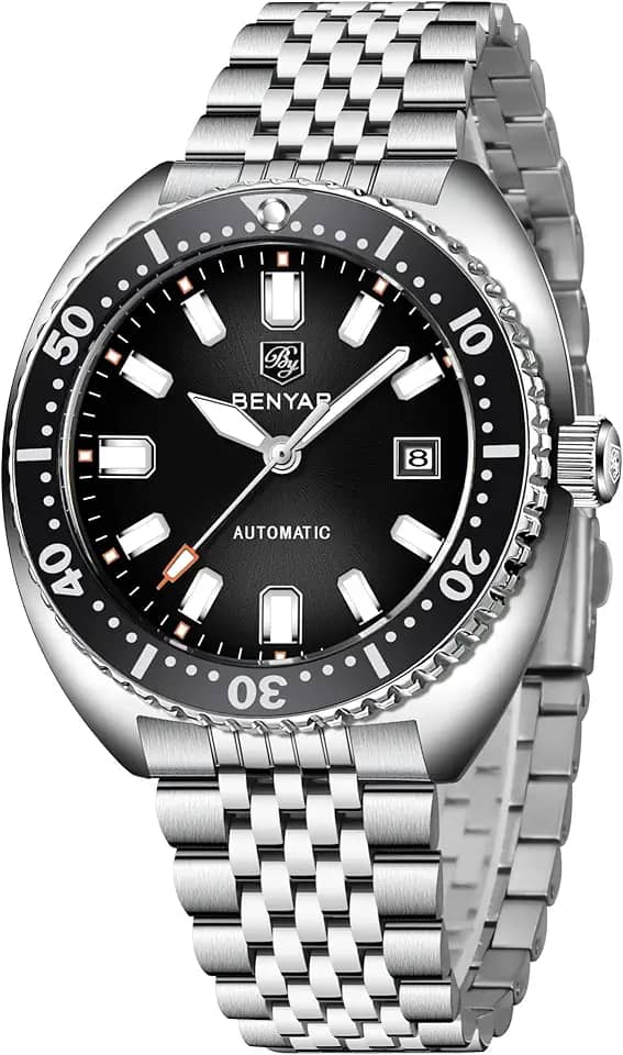 Benyar Relógios automáticos para homens, pulseira de aço inoxidável, relógio de pulso mecânico, masculino 50 m, à prova d'água, calendário, luminoso, para negócios, masculino