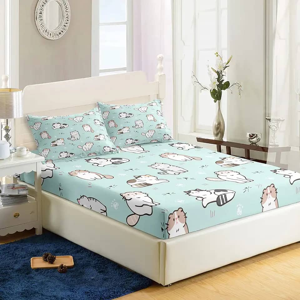 AILONEN Lençol com elástico para gatos, lençóis com tema de gato para meninas, conjunto de lençóis Twin XL gato para adolescentes, lençóis, conjunto de decoração de cama (1 lençol com elástico e 2 fronhas, 3 peças)