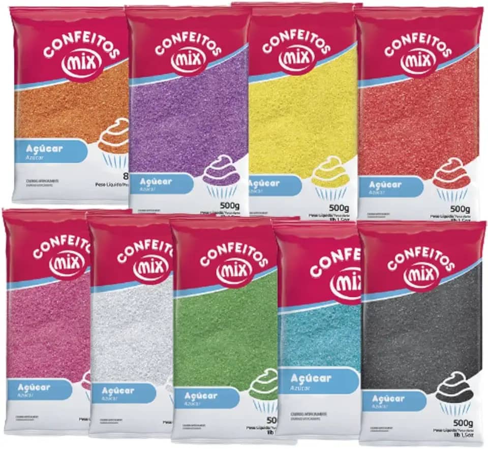 Açúcar Colorido Para Algodão Doce Bolo Cupcake Confeitaria Kit 09 Pacotes Várias Cores Sortidas