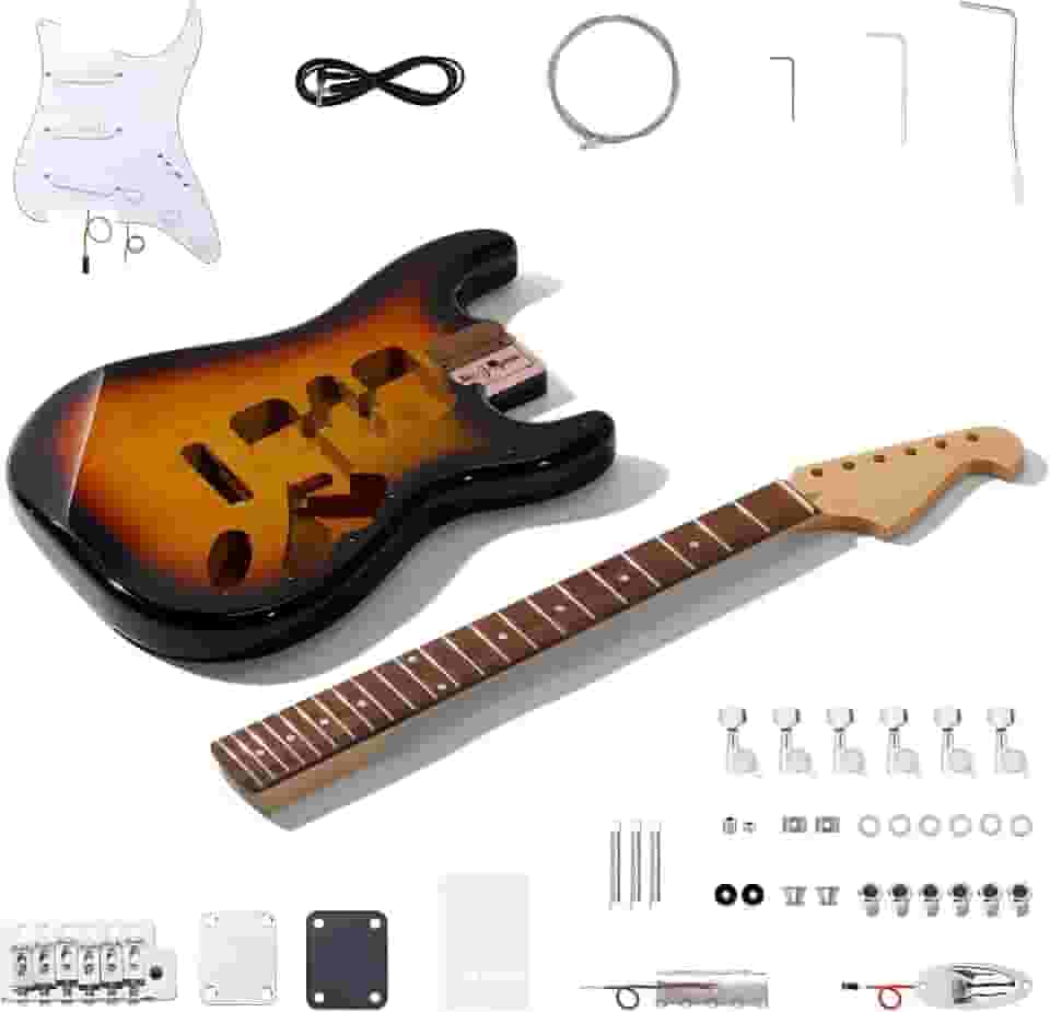 Leo Jaymz Kits De Guitarra Elétrica Estilo St Faça Você Mesmo, Corpo De Mogno Pintado Com Spray, Escala De Madeira De Louro E Braço De Bordo, Incluindo Todos Os Componentes (St Sunburst)