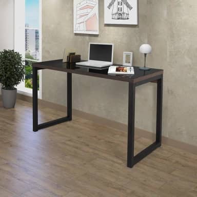 Escrivaninha Industrial 120cm com Tampo de Vidro Preto/Amêndoa