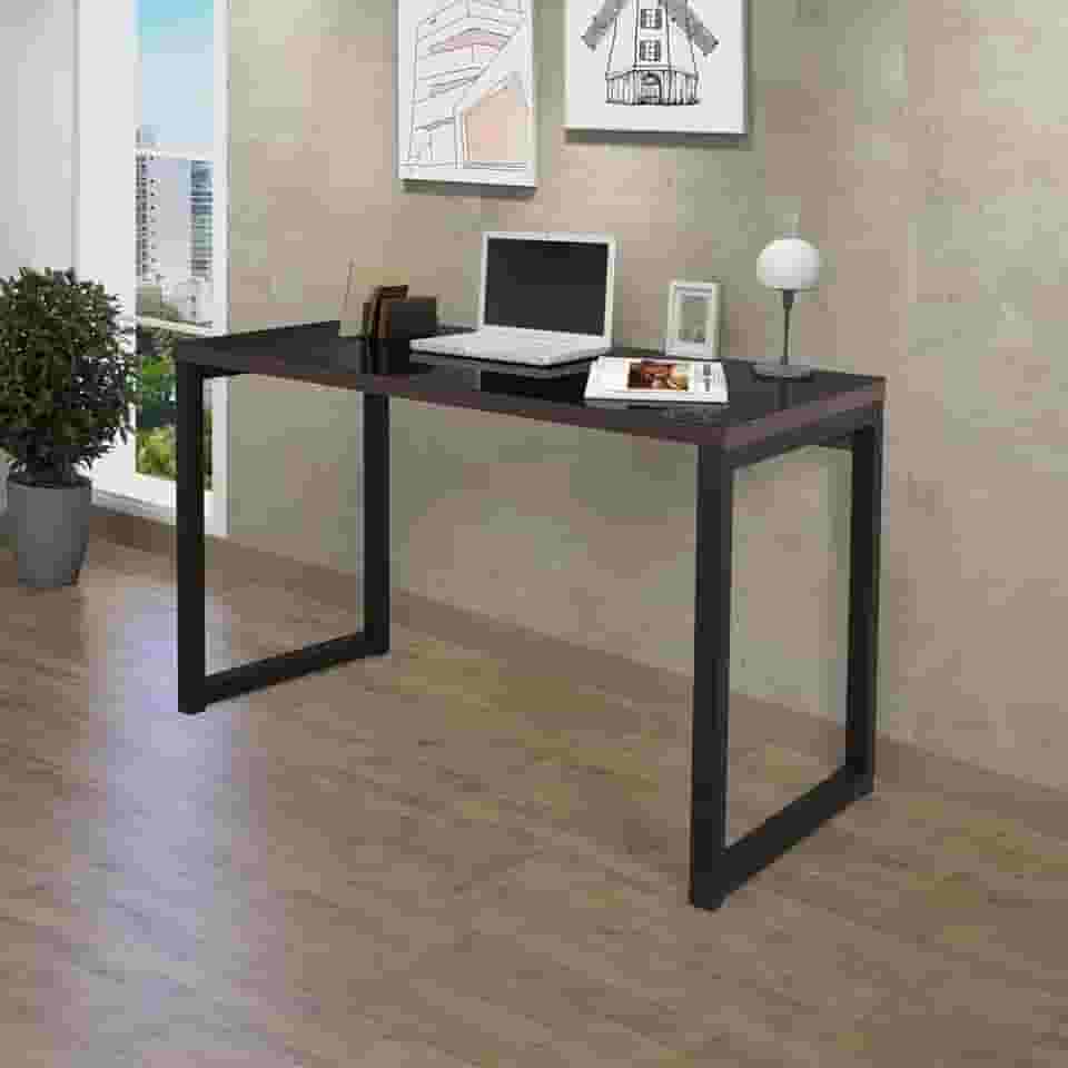 Escrivaninha Industrial 120cm com Tampo de Vidro Preto/Amêndoa
