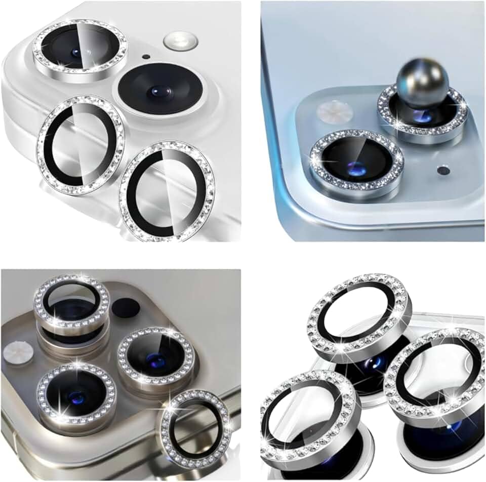 Protetor Lente Câmera iPhone 15 15 Pro Max 16 16 Pro 16 Pro Max 16 Plus em Vidro Temperado, Proteção Antirrisco HD Diamante Prata (Prata, iPhone 15)