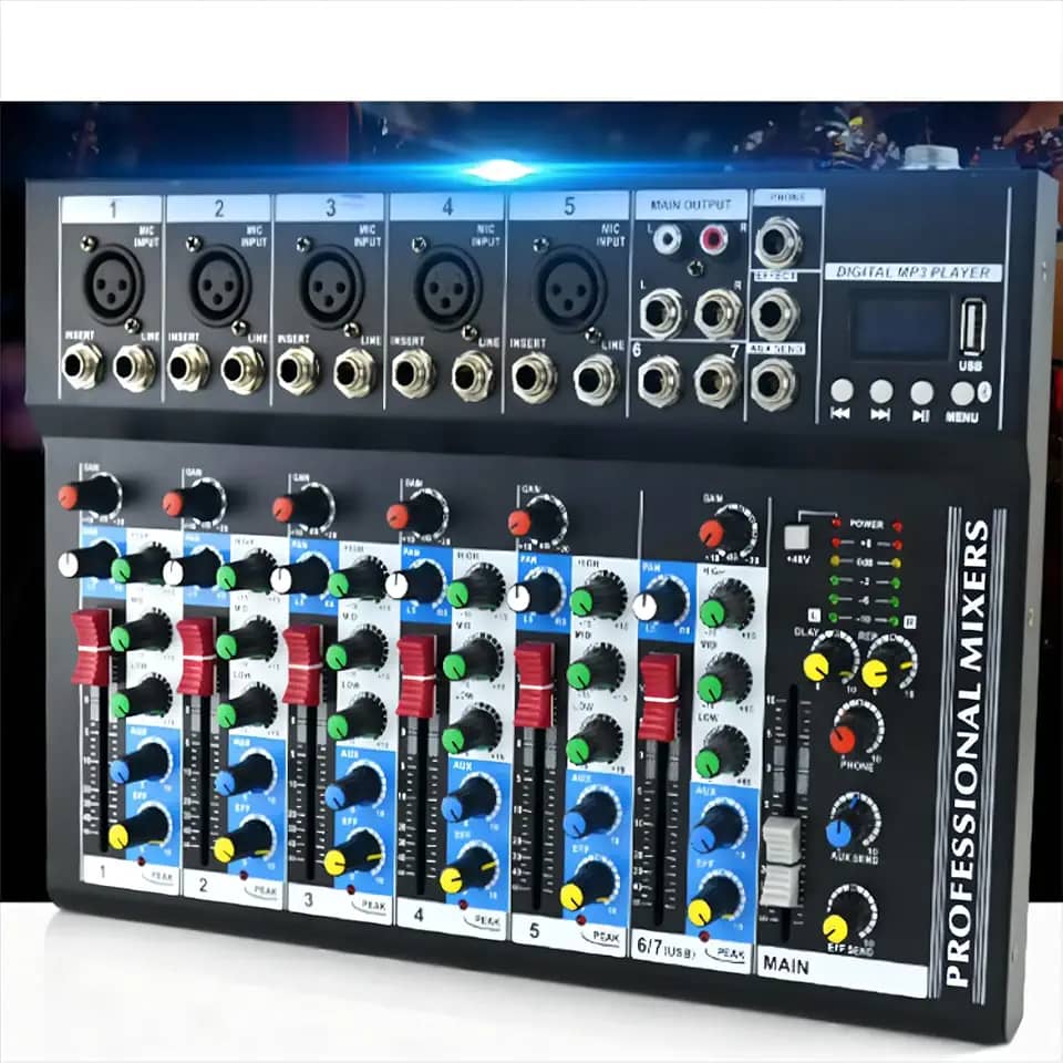 VEDO Mixer de Áudio Profissional 7 Canais VDA107L com Bluetooth, Entrada USB, Efeitos Digitais, Phantom Power +48V para Podcast, DJ, Gravação e Transmissão Ao Vivo - Mesa de Som Compacta 127/220V
