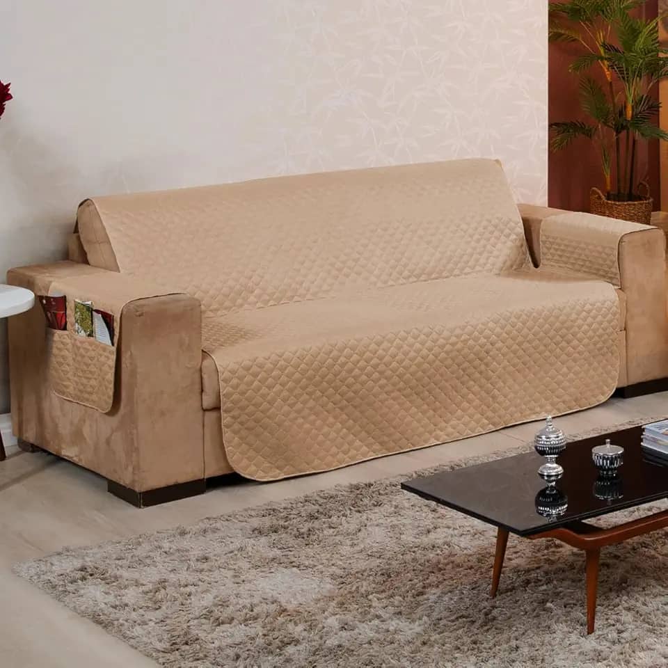 Capa Protetora para Sofá 4 Lugares Reversível - Para Pets e Crianças, Tecido Macio, Fácil de Lavar, Antipelo - Proteção com Estilo e Praticidade no Dia a Dia - FV Enxovais (Avelã, 4 Lugares)