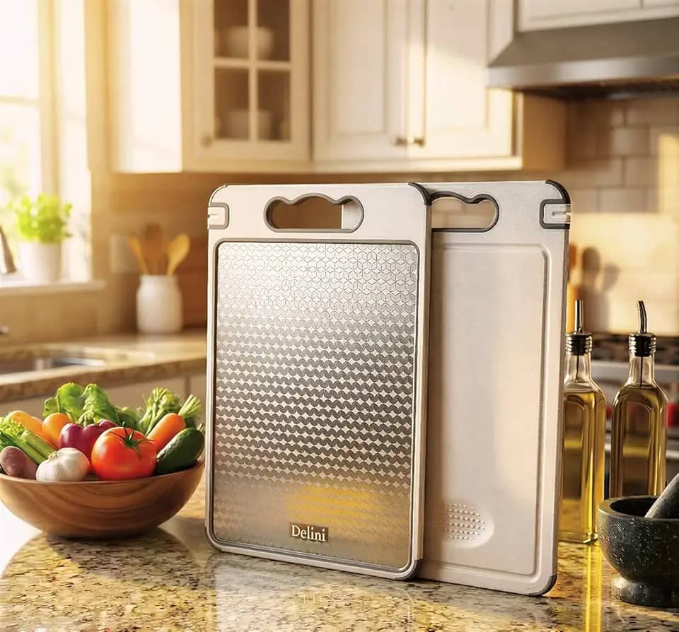 Tábua de Corte 5-em-1 Delini com Lado Aço Inox e Afiador integrado Dupla face