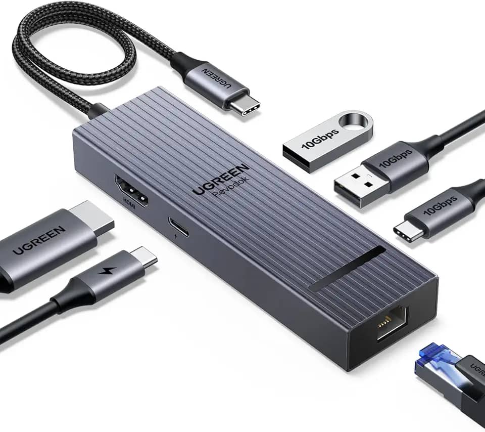 UGREEN Revodok Pro 6 em 1 USB C Hub, Adaptador Gigabit Ethernet com 4K 60Hz HDMI, 100 W PD, Portas de Dados USB A&C 3.2 de 10 Gbps Compatível com Mac M1/M2/M3, iPad, iPhone 16 Pro/Pro Max, Steam Deck
