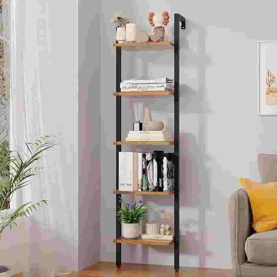 YMYNY Estante de escada de 5 níveis, estante industrial montada na parede, rack de exibição aberto com moldura de metal, prateleiras de armazenamento de madeira para quarto, escritório em casa, suporte para plantas, marrom rústico, 70*17,3*11,8" UHBC015H