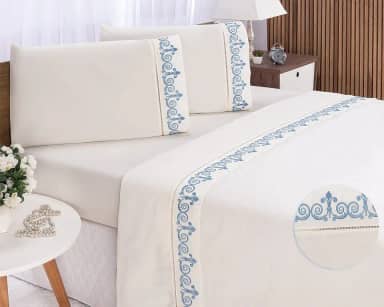 Jogo de Lençol Bordado para Cama Queen ALGODÃO 400 Fios 4 peças
