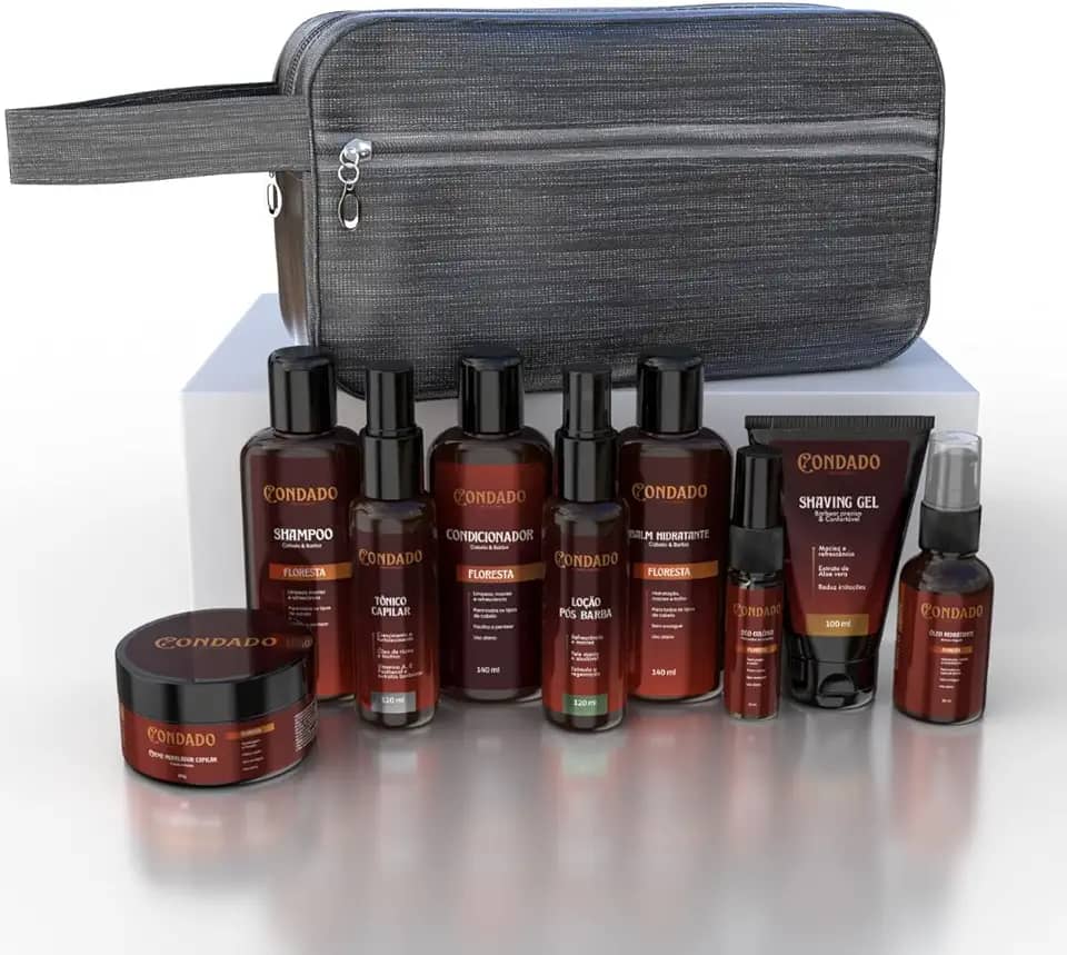 Kit Barba Completo Necessaire Shampoo Condicionador Balm Óleo Hidratante Tônico Crescimento Masculino (Floresta + Necessaire Cinza)