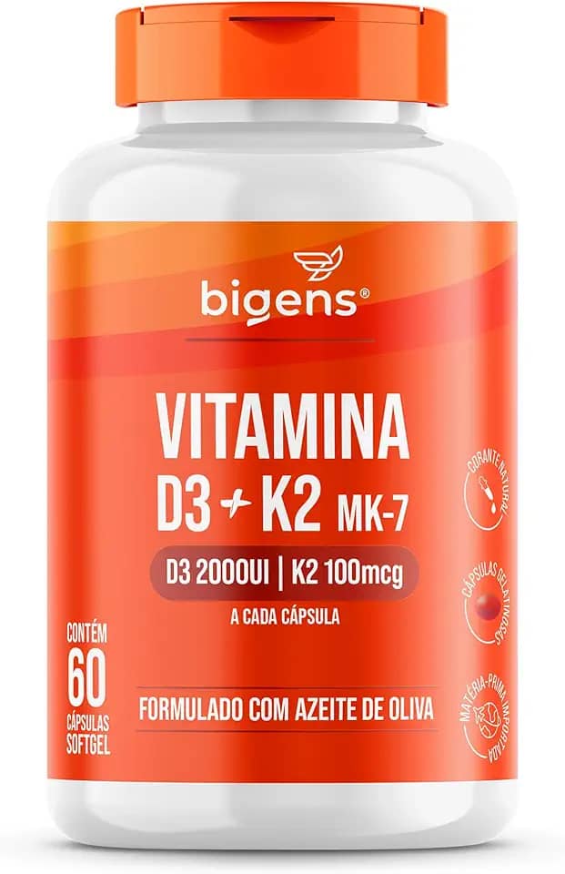 Vitamina D3 2000UI + K2 MK-7 100mcg, Formulado com azeite de oliva, Biogens (60 cápsulas)
