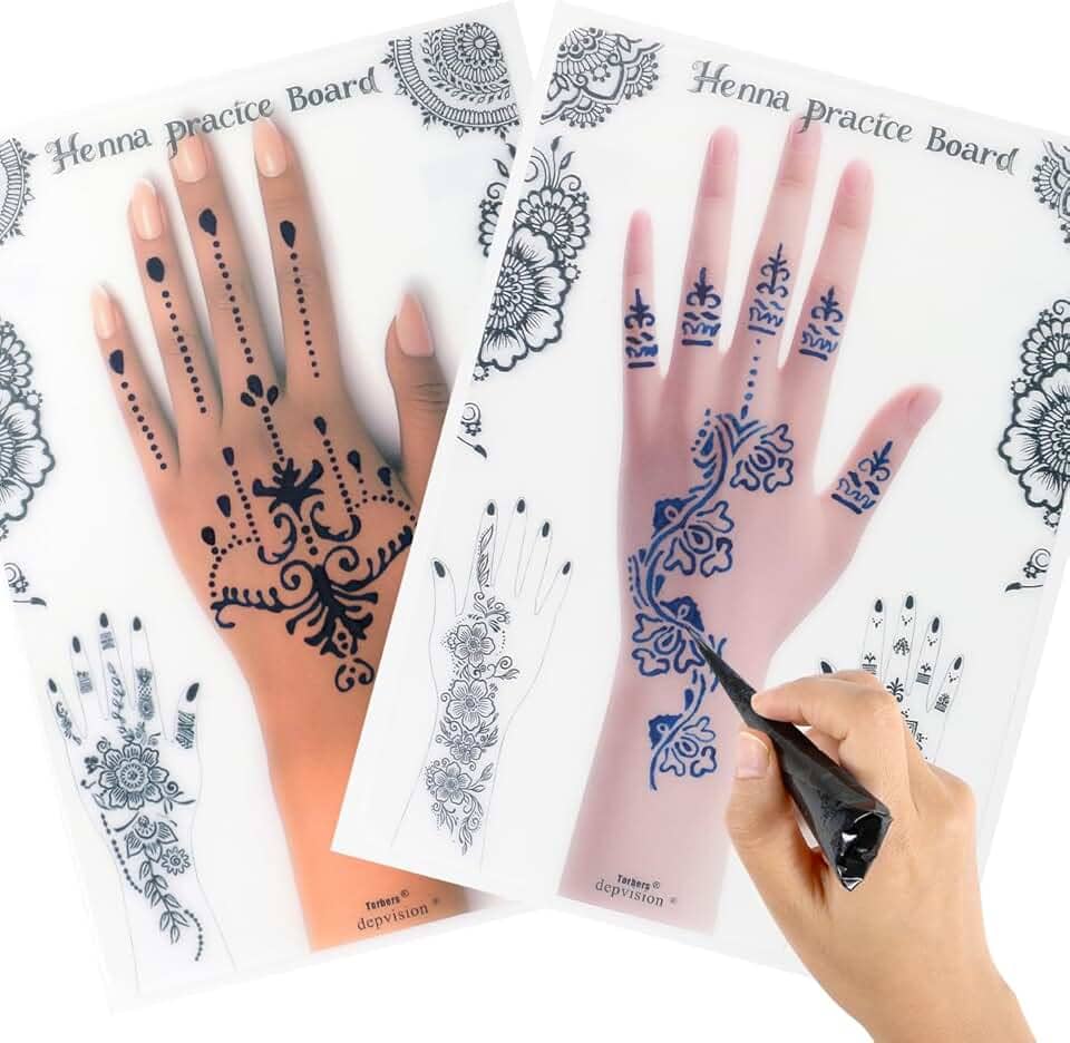 Tatuagem de Henna reutilizável, pacote com 2 modelos de hena para prática de hena caseira, iniciante Mehendi Heena, Aritista para arte Mehendi, 2 tons de pele