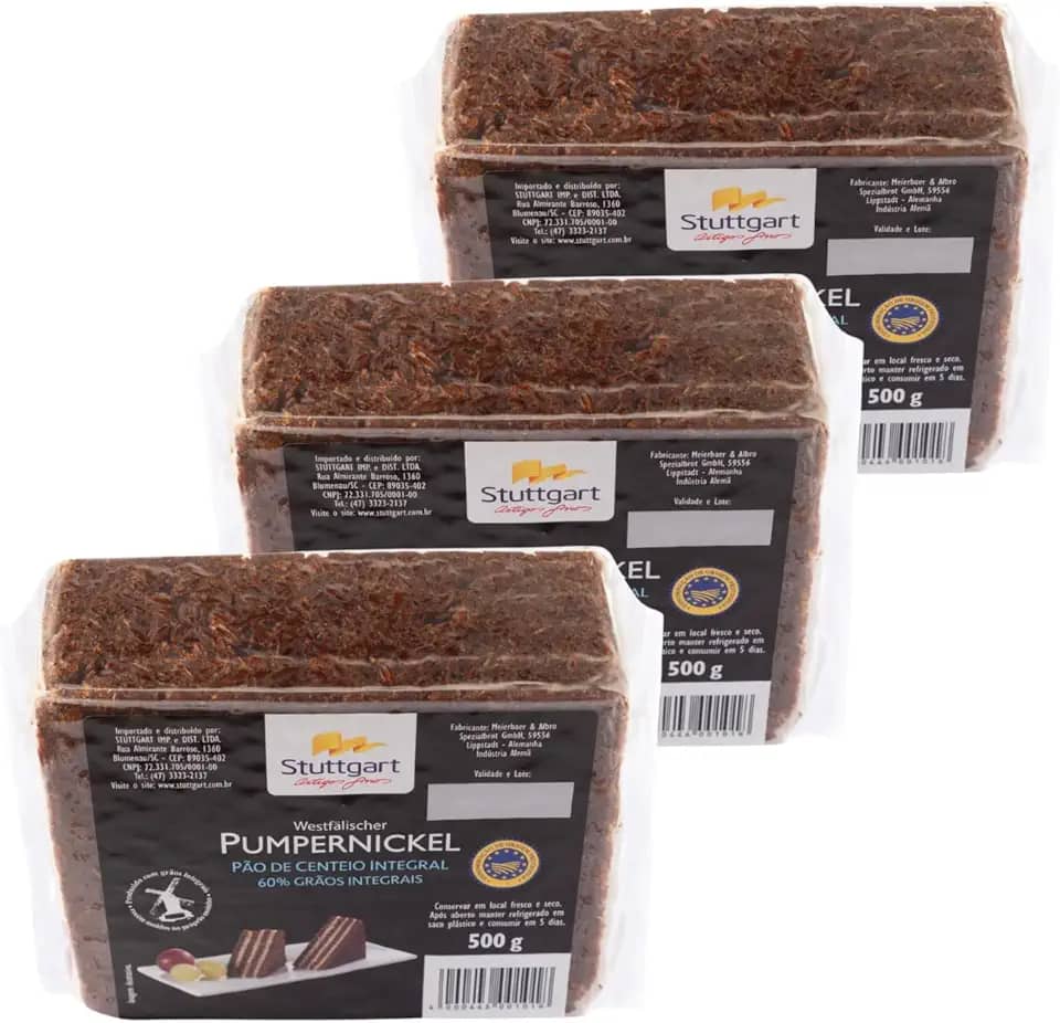 Pão alemão Stuttgart Pumpernickel de Centeio Integral e Malte – 3 unidades de 500g cada – Total 1,5 Kg