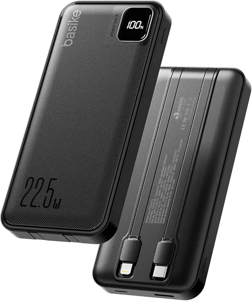 Basike Power Bank, Carregador Portátil Universal 10000mAh, USB-A(até 22.5W)+USB-C(até 20W), com 2 Cabos Integrados (USB-C, Lightning) Carregamento Rápido, Led Indicador de Bateria (Preto)