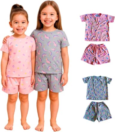 Kit 2 Pijama Infantil de Verão Menina, Conjunto Curto de Algodão, Estampas Unicórnio e Geométrica, Rosa e Cinza