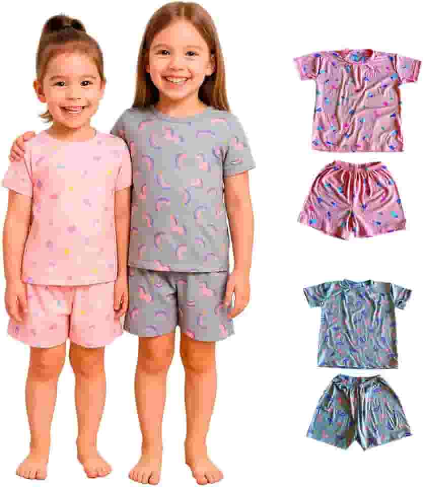 Kit 2 Pijama Infantil de Verão Menina, Conjunto Curto de Algodão, Estampas Unicórnio e Geométrica, Rosa e Cinza