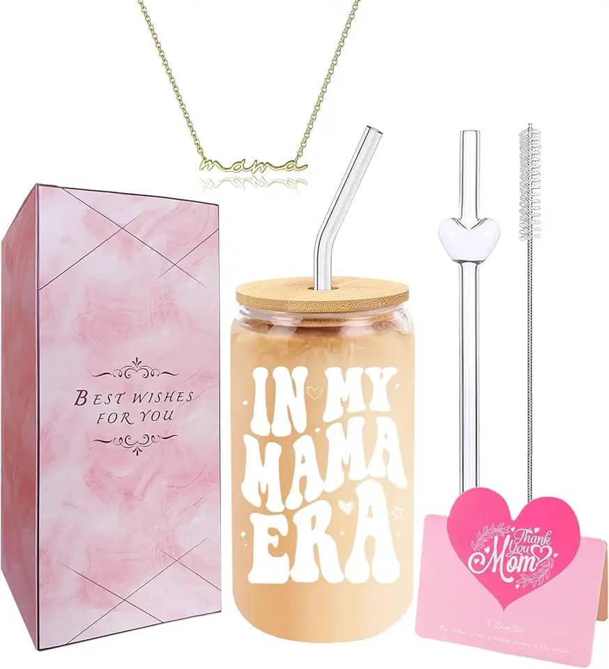 Presentes para mamãe – presente de Dia das Mães para mamãe, mãe nova, mãe de primeira viagem, mamãe grávida, mulher grávida – copo de vidro de 473 ml, colar, caixa de presente, Large, Vidro