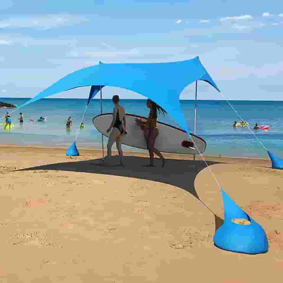 Barraca de Praia Familiar, Abrigo Solar para Camping de 210x150 cm, Barraca à Prova de Vento com Guarda-Sol, Cobertura de Praia Externa com 2 Varas de Estabilidade para Viagem(Azul)