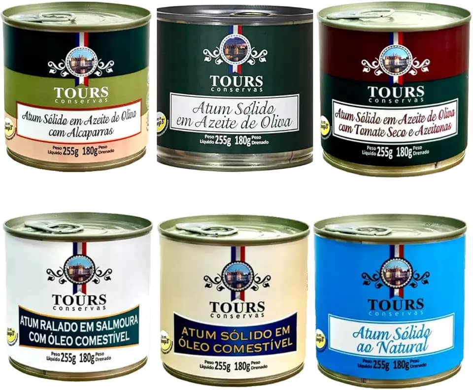 KIT 6 Atum em Lata Tours Conservas em Azeite, Tomate Seco, Alcaparras, Óleo Comestível, Ralado e Natural 255g cada
