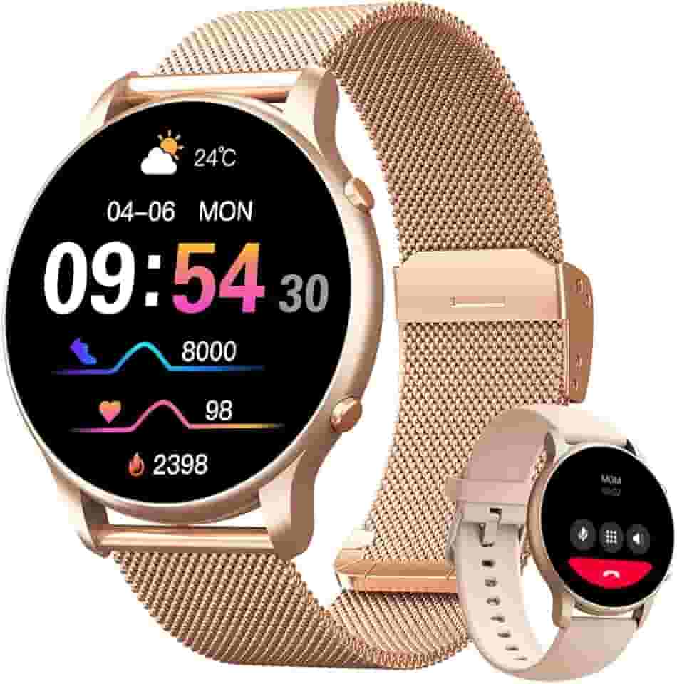 Smartwatch Feminino 1.32' Full Touch, IP68 à Prova d'Água, Ligações Bluetooth, 100+ Modos Esportivos, Notificações Inteligentes, Assistente de Voz, Compatível com iOS/Android, Inclui 2 Pulseiras, Ouro
