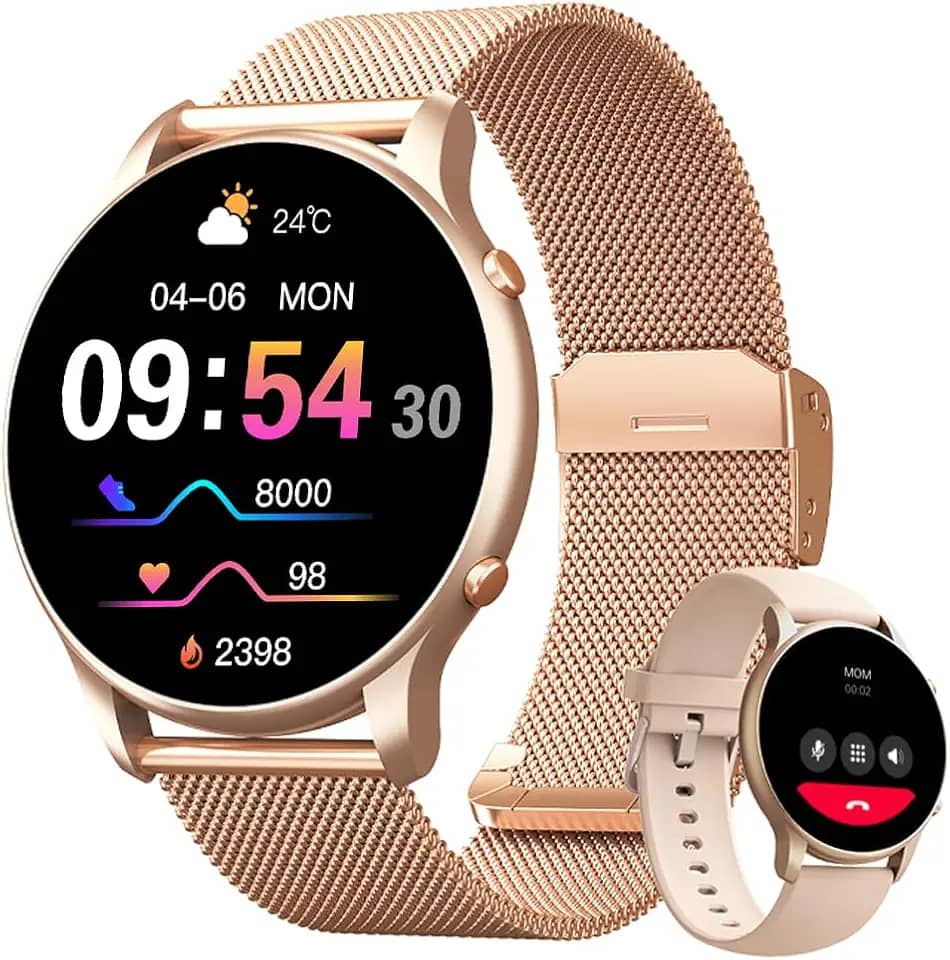 Smartwatch Feminino 1.32" Full Touch, IP68 à Prova d'Água, Ligações Bluetooth, 100+ Modos Esportivos, Notificações Inteligentes, Assistente de Voz, Compatível com iOS/Android, Inclui 2 Pulseiras, Ouro