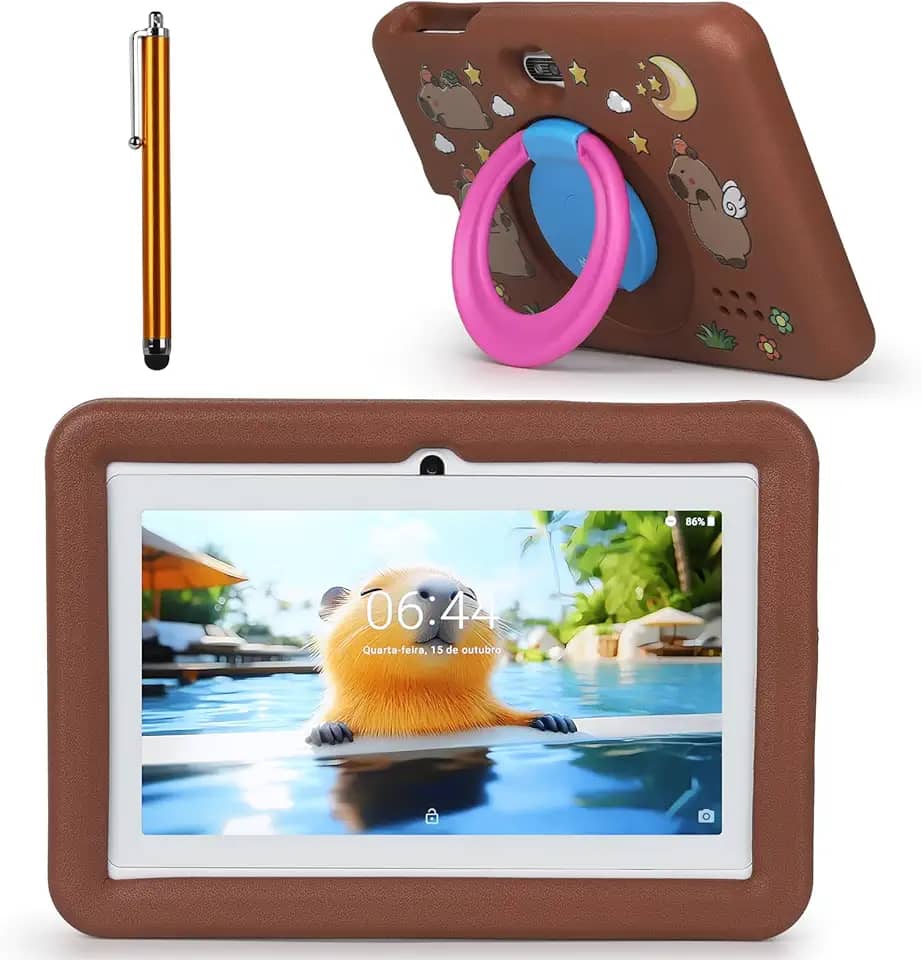 Tablet Infantil Com 4+128GB, Gravação Com Duas Câmaras, Suporte Ajustável, Multifuncional Para Soletrar/Contar/Desenhar (Castanho)