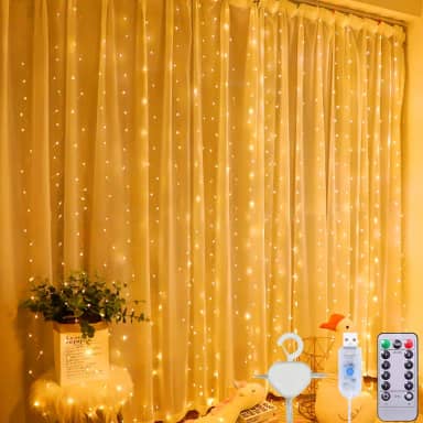 Amzeeniu Cortina de Luz 3 x 3 m 300 LED USB Com Controlo Remoto, 8 Modos, IP44 Impermeável, Função de Sincronização Para Natal, Casamentos, Festas, Janela, Quarto - Branco Quente