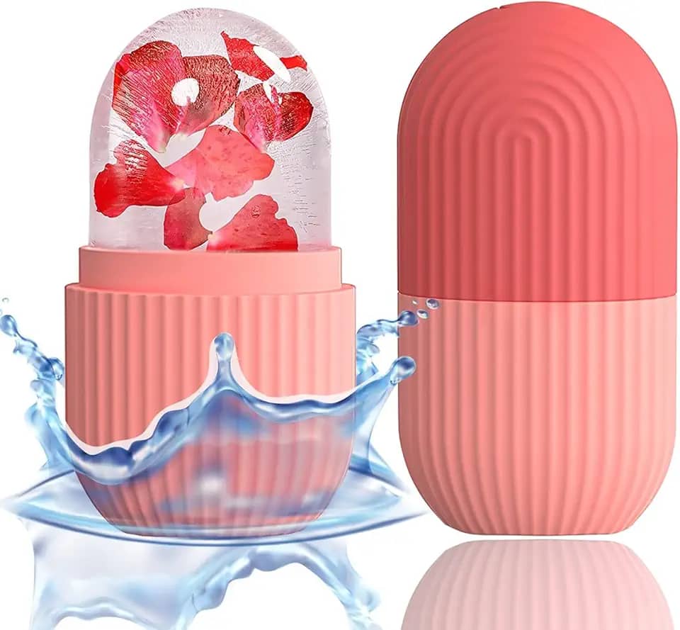 Bolas de massagem em forma de cubo de gelo para rosto, olhos e pescoço – Molde de gelo de silicone para condicionamento natural e cuidados com a pele (rosa)