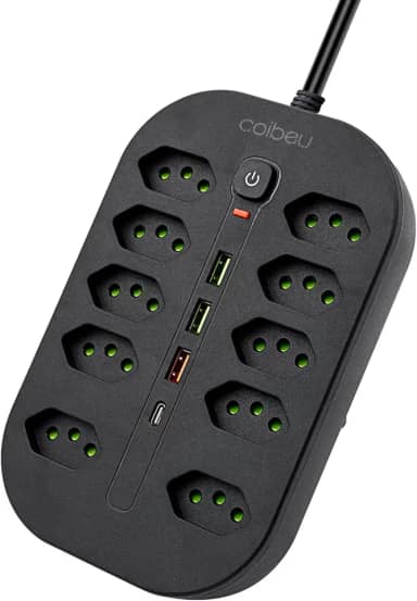 Extensao Eletrica, Extensão Tomada, Régua Tomada, Régua de Energia, 10 Tomadas, 3 Interfaces USB, 1 Porta USB Tipo-C, Cabo de Alimentação de 1,9 metros, Suporte a Tensão de 110-220V, Preto