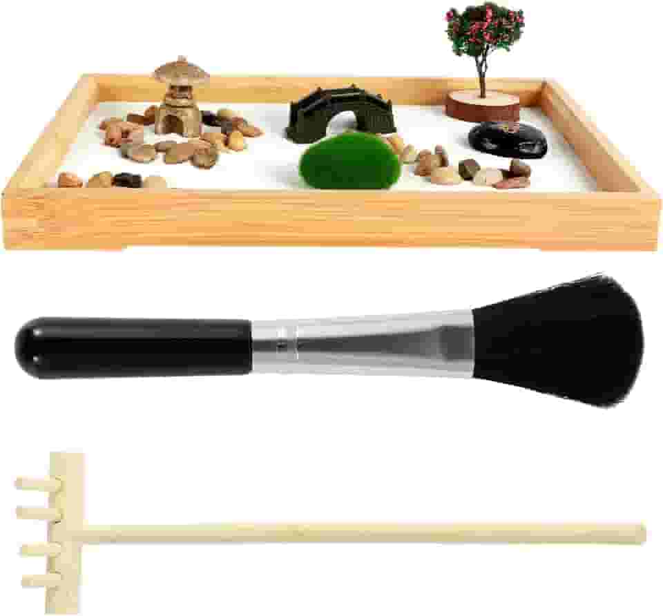 Kit de jardim Zen, mini desktop Zen Decor Garden, presente engraçado de areia Zen, com ponte de árvore artificial, kit de brincar de bandeja de areia Zen para casa, mesa de escritório. Jardim de areia