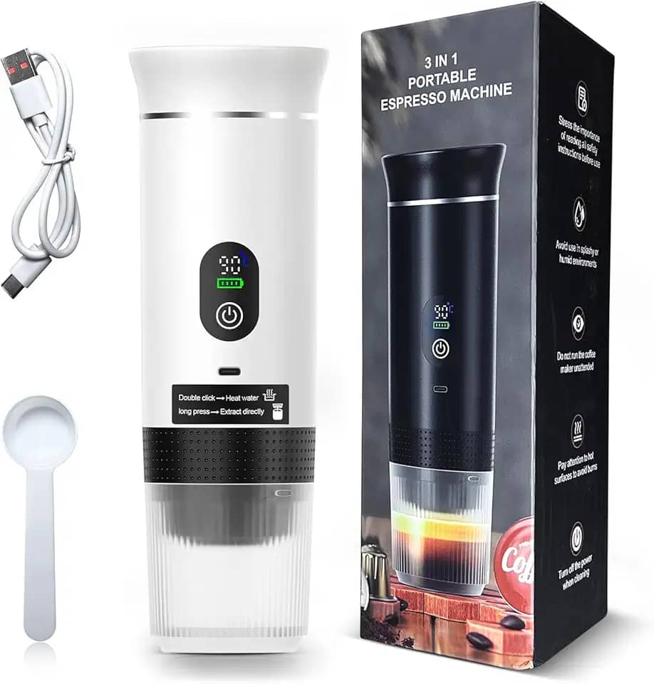 Máquina de Café Portátil 3 em 1, Cafeteira Expresso Portátil Elétrico com Bateria 2500mAh, Display Digital, Compatível com Cápsulas e Pó, 72W, 150ml, Branco