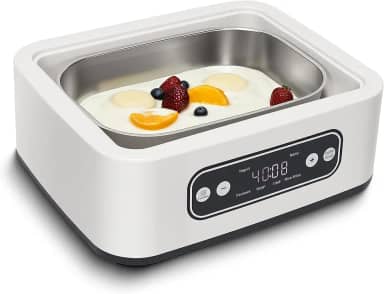 Máquina de iogurte de 1,7 litros com ajuste de temperatura (21°C-48°C/21.1 °C-47.8 °C) e tempo (1-99h), 110V-240V Auto-adaptável, pote interno de aço, livre de BPA, incremento Celsius, display LED de
