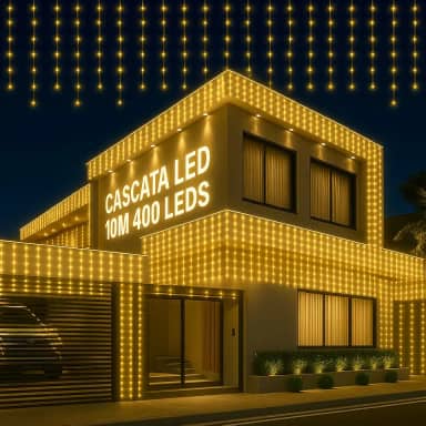 Cascata 400 Leds Com 8 Funções de Pisca 10 Metros Extensivel Fio Branco A Prova D' Agua Luzes Branco Quente com conector M/F Premium para Decoração de Natal Festas Casamentos.