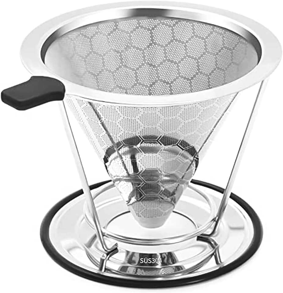 Coador de Cafe 304 Inox, Filtro de Café Reutilizável Peneira de Aço Sem Papel com Suporte